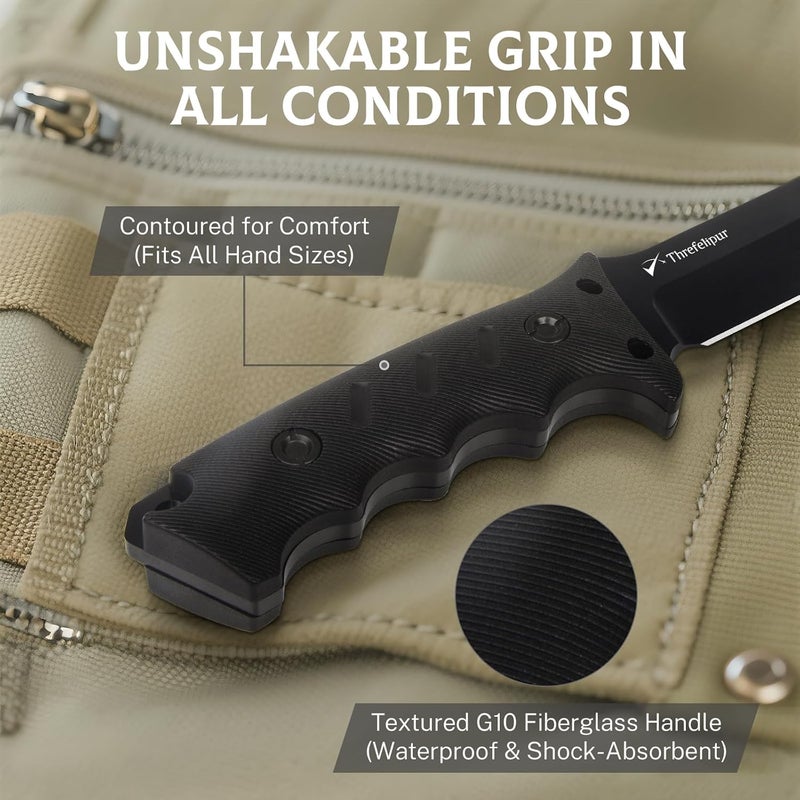 Threfelipur Camping Knife for Men, D2 Steel Fixed Blade Tactical Survival Knife with Sheath - Compact & Portable for Outdoor Hiking, Bushcraft, G10 Handle - Black - Image 5